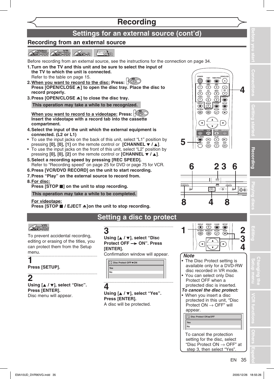 Recording, Settings for an external source (cont’d), Setting a disc to protect | Recording from an external source, This operation may take a while to be recognized, This operation may take a while to be completed, Press [setup | FUNAI DVR90VG User Manual | Page 37 / 90