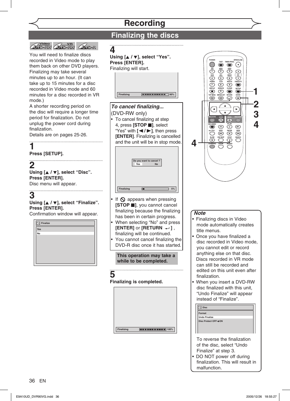 Recording, Finalizing the discs, Press [setup | FUNAI DVR90VG User Manual | Page 38 / 90
