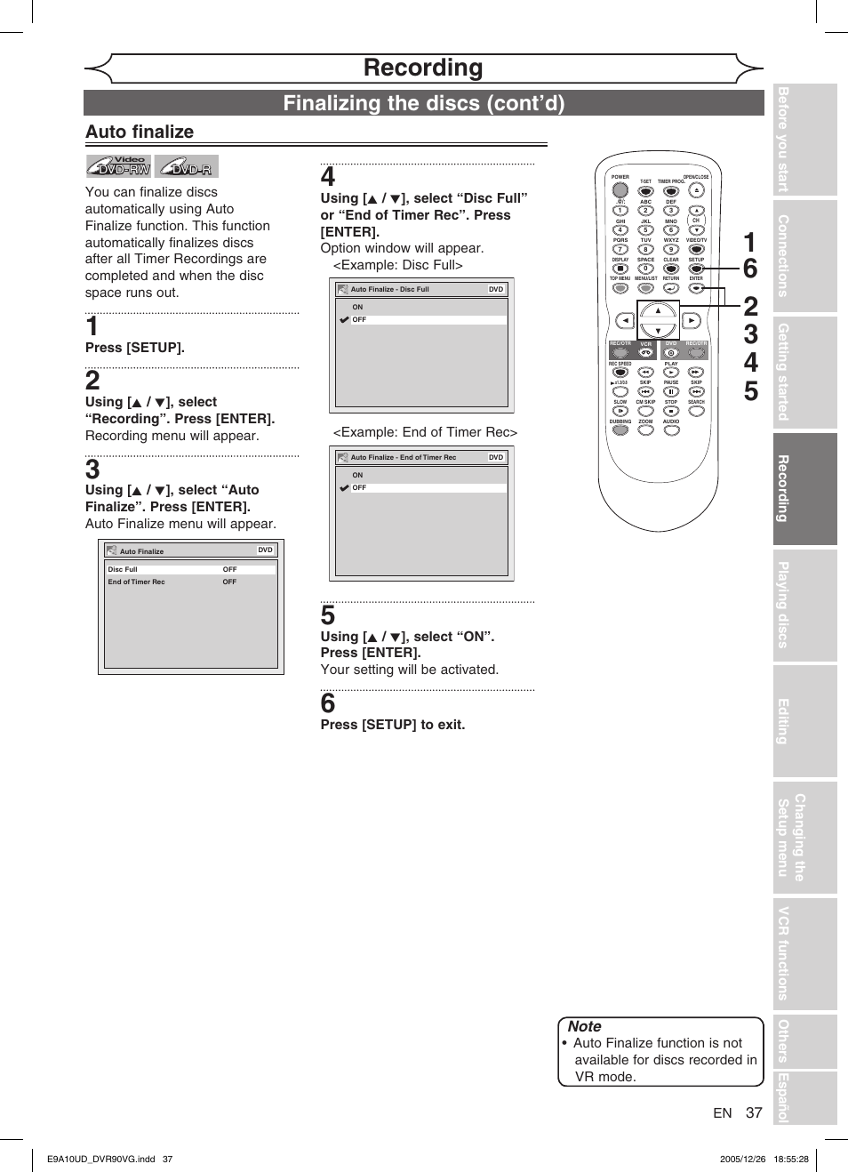 Recording, Finalizing the discs (cont’d), Auto finalize | FUNAI DVR90VG User Manual | Page 39 / 90