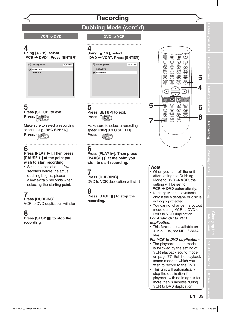 Recording, Dubbing mode (cont’d) | FUNAI DVR90VG User Manual | Page 41 / 90