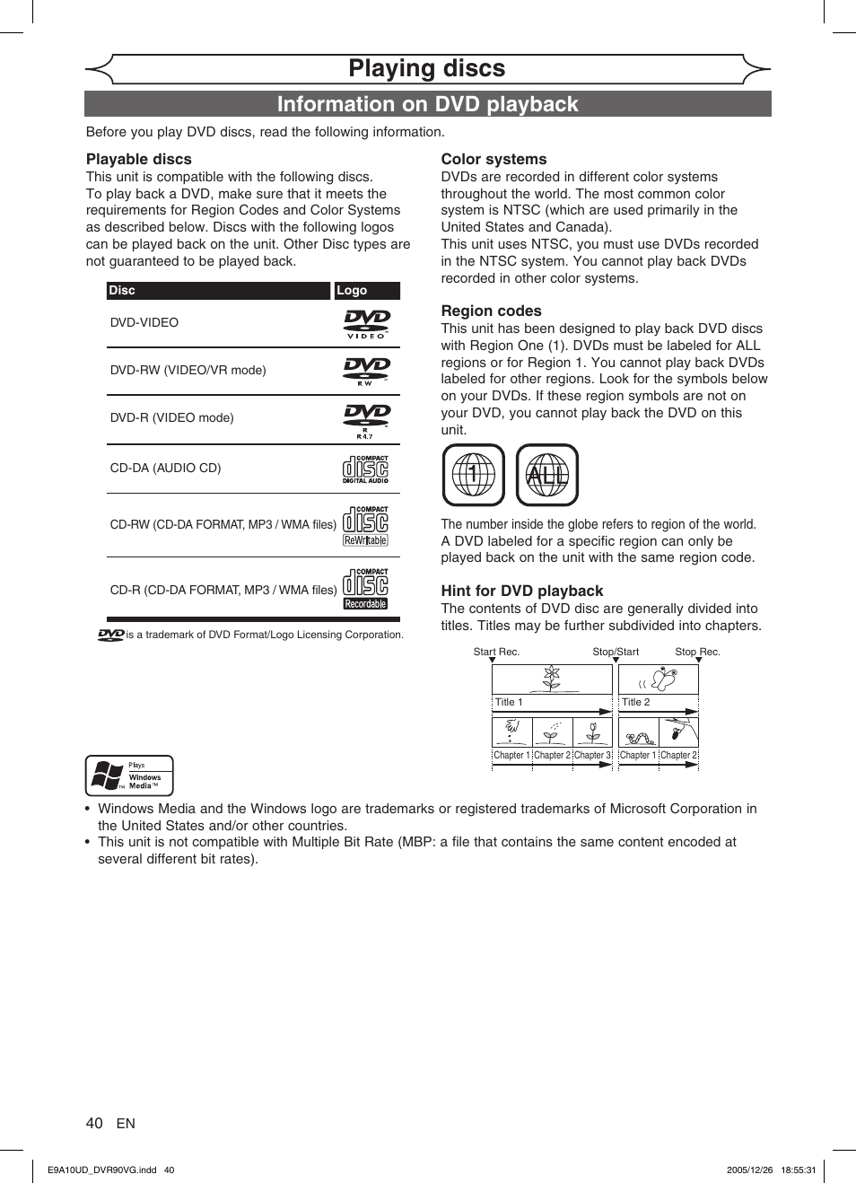 Playing discs, Information on dvd playback | FUNAI DVR90VG User Manual | Page 42 / 90