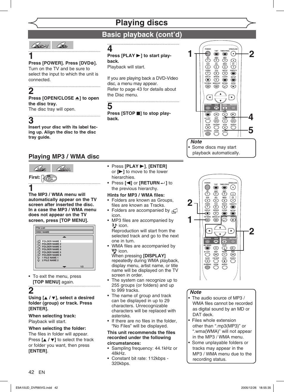 Playing discs, Basic playback (cont’d), Playing mp3 / wma disc | Some discs may start playback automatically, Press [stop c ] to stop play- back, First | FUNAI DVR90VG User Manual | Page 44 / 90