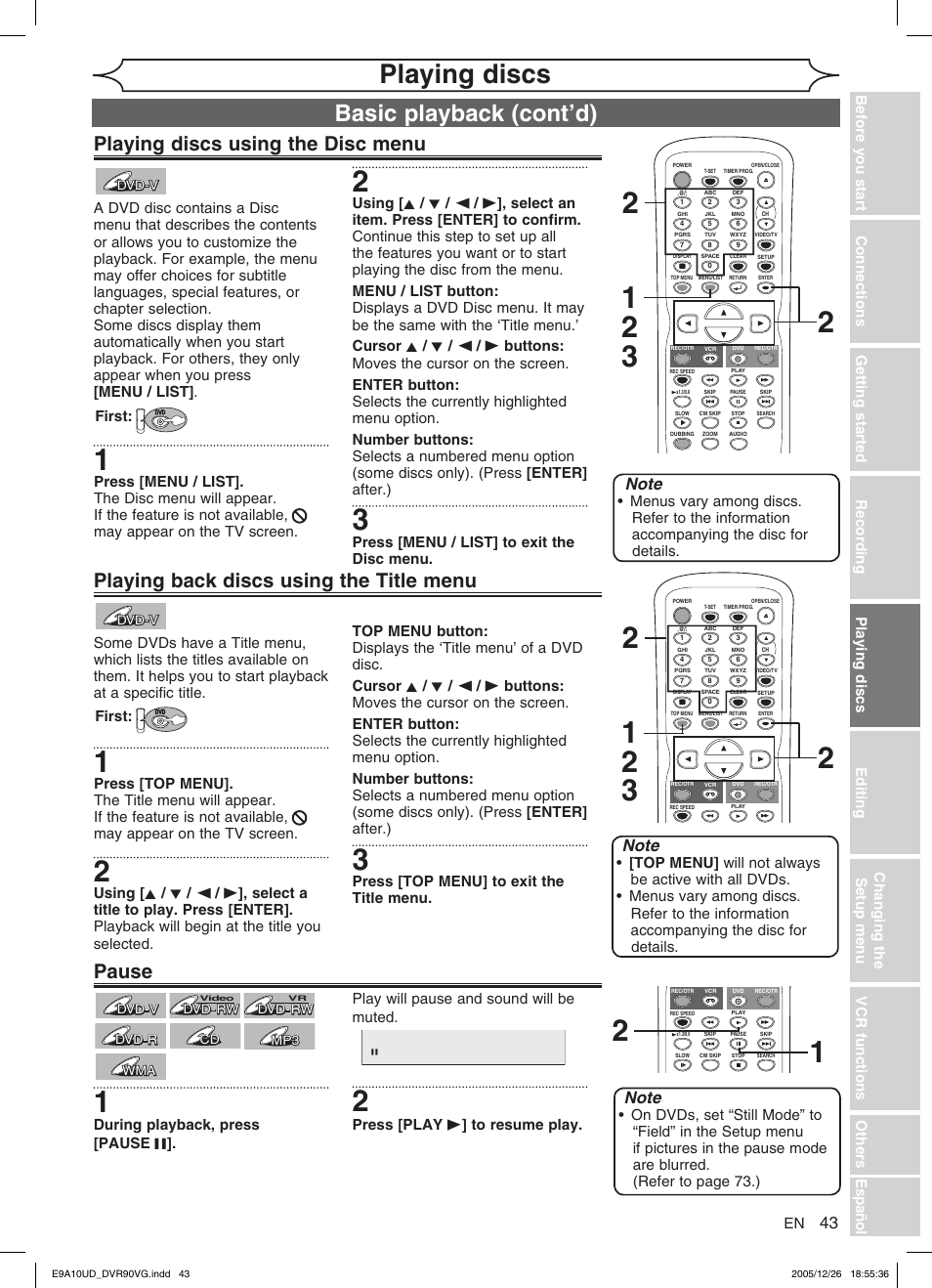 Playing discs, Basic playback (cont’d), Pause | Press [top menu] to exit the title menu, Press [menu / list] to exit the disc menu, First | FUNAI DVR90VG User Manual | Page 45 / 90