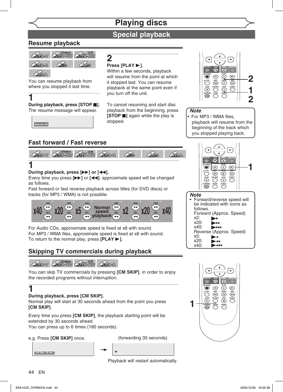 Playing discs, Special playback, Resume playback | Fast forward / fast reverse, Skipping tv commercials during playback, Normal speed playback | FUNAI DVR90VG User Manual | Page 46 / 90