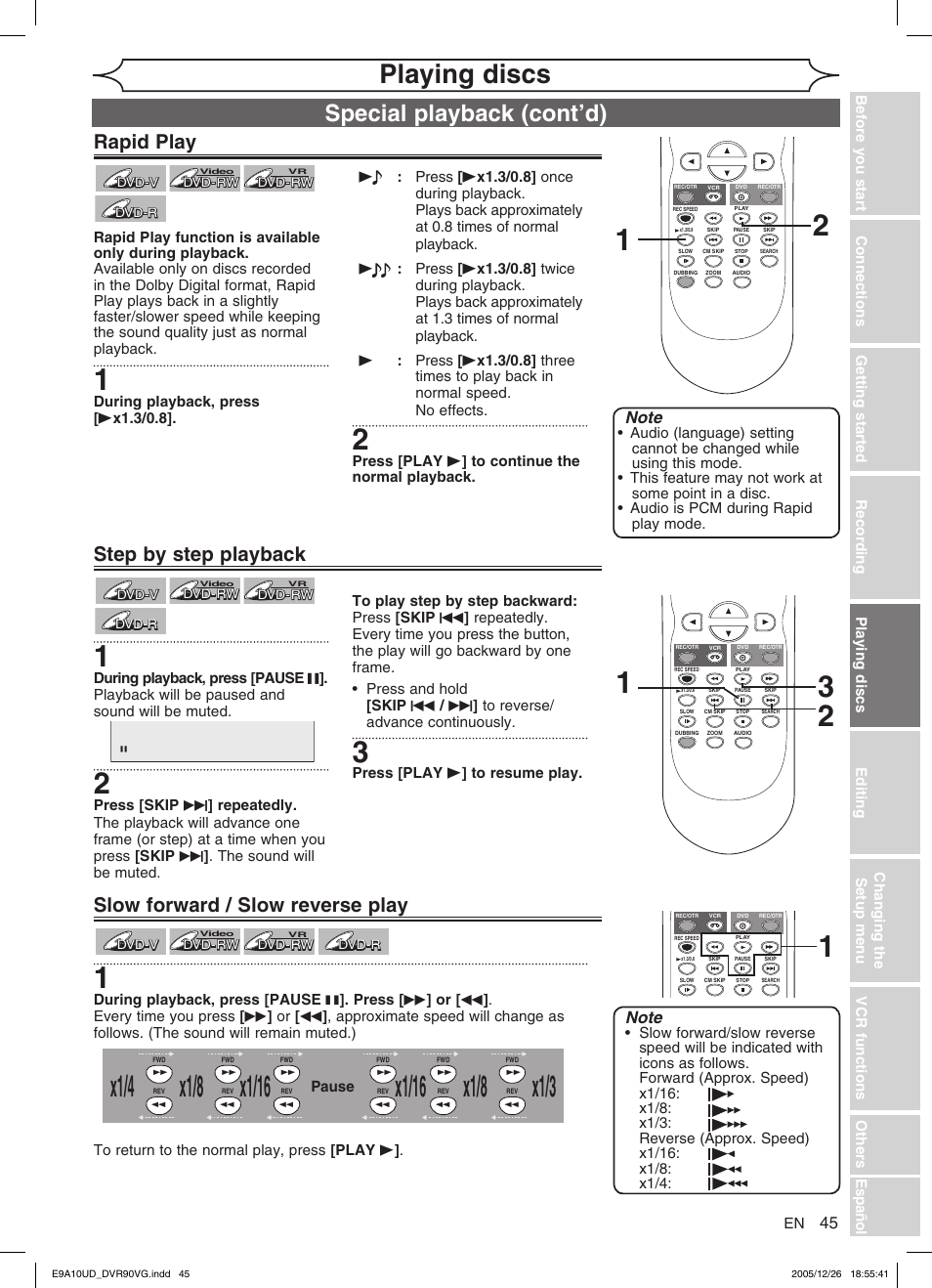 X1/8, Playing discs, Special playback (cont’d) | Slow forward / slow reverse play, Step by step playback, Rapid play, Pause, Press [play b ] to resume play, During playback, press [ b x1.3/0.8 | FUNAI DVR90VG User Manual | Page 47 / 90