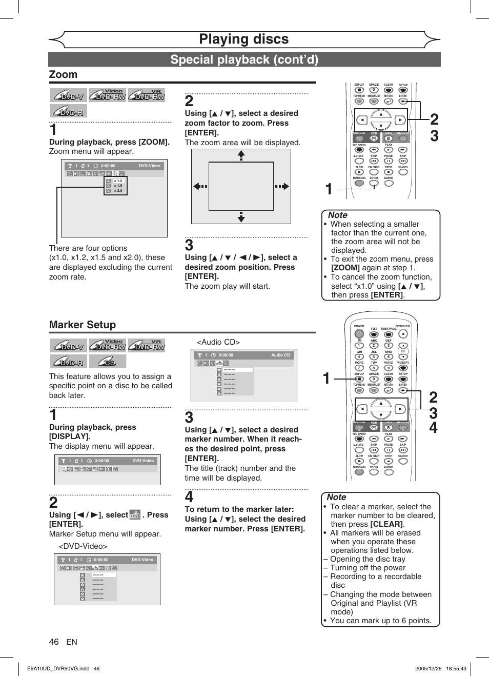 Playing discs, Special playback (cont’d), Zoom marker setup | FUNAI DVR90VG User Manual | Page 48 / 90