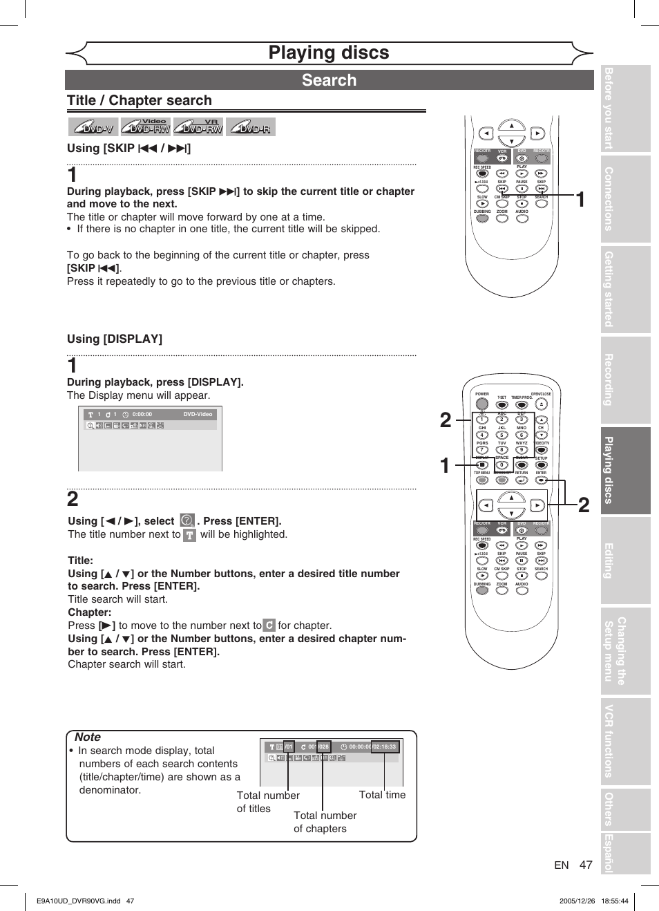 Playing discs, Search, Title / chapter search | Using [skip h / g, Using [display | FUNAI DVR90VG User Manual | Page 49 / 90