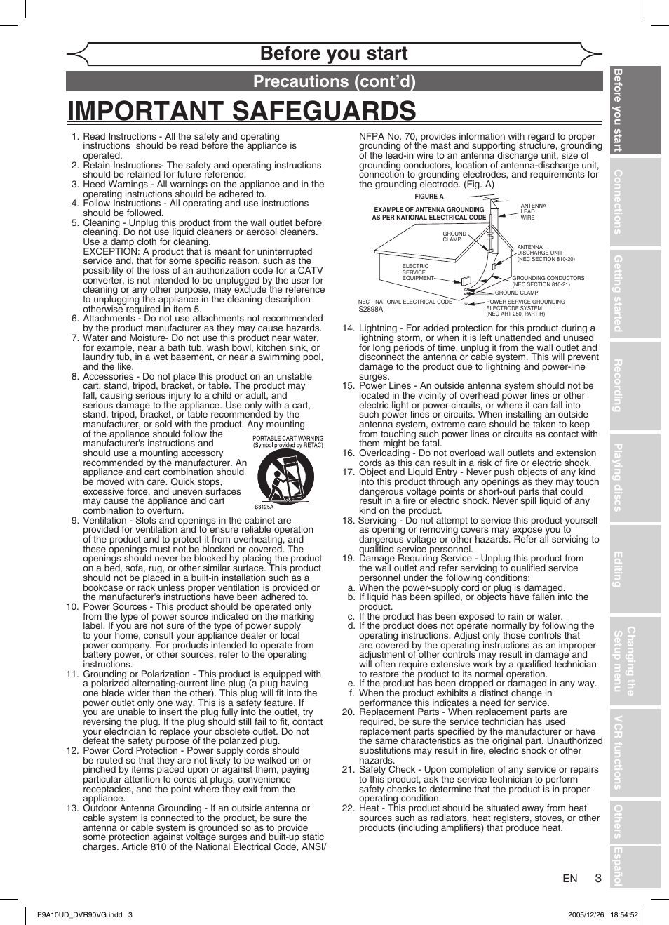 Important safeguards, Before you start, Precautions (cont’d) | FUNAI DVR90VG User Manual | Page 5 / 90