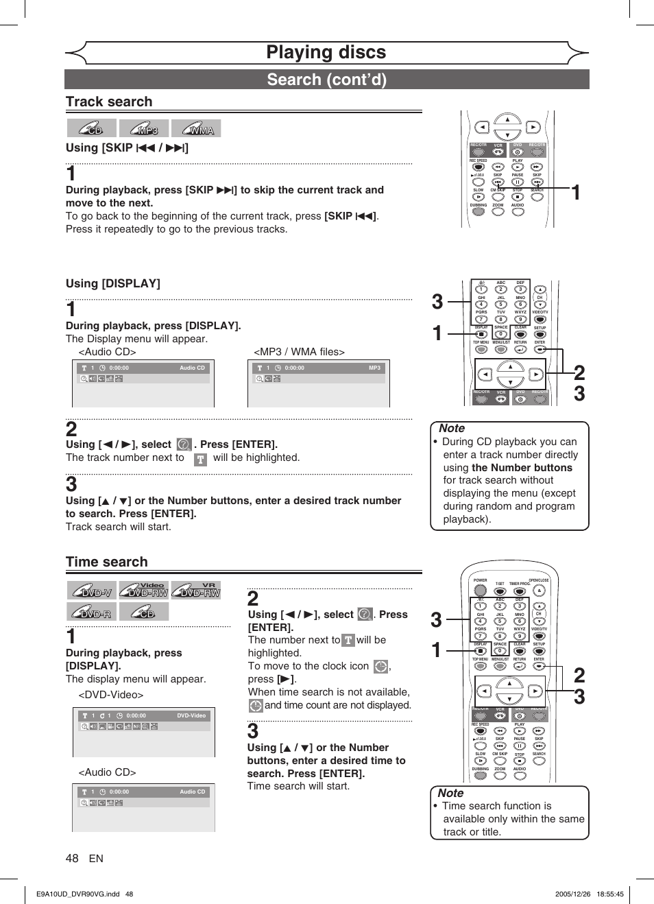 Playing discs, Search (cont’d), Track search | Time search, Using [skip h / g, Using [display, And time count are not displayed, Dvd-v, Dvd-v dvd-rw dvd-rw, Dvd-rw | FUNAI DVR90VG User Manual | Page 50 / 90