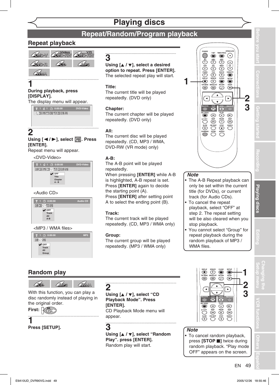 Playing discs, Repeat/random/program playback, Random play | Repeat playback, Press [setup | FUNAI DVR90VG User Manual | Page 51 / 90