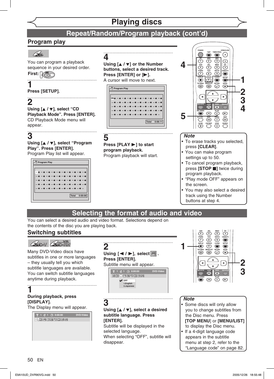 Playing discs, Repeat/random/program playback (cont’d), Selecting the format of audio and video | Program play, Switching subtitles, Press [setup, First, Dvd-v, Dvd-v dvd-rw dvd-rw | FUNAI DVR90VG User Manual | Page 52 / 90