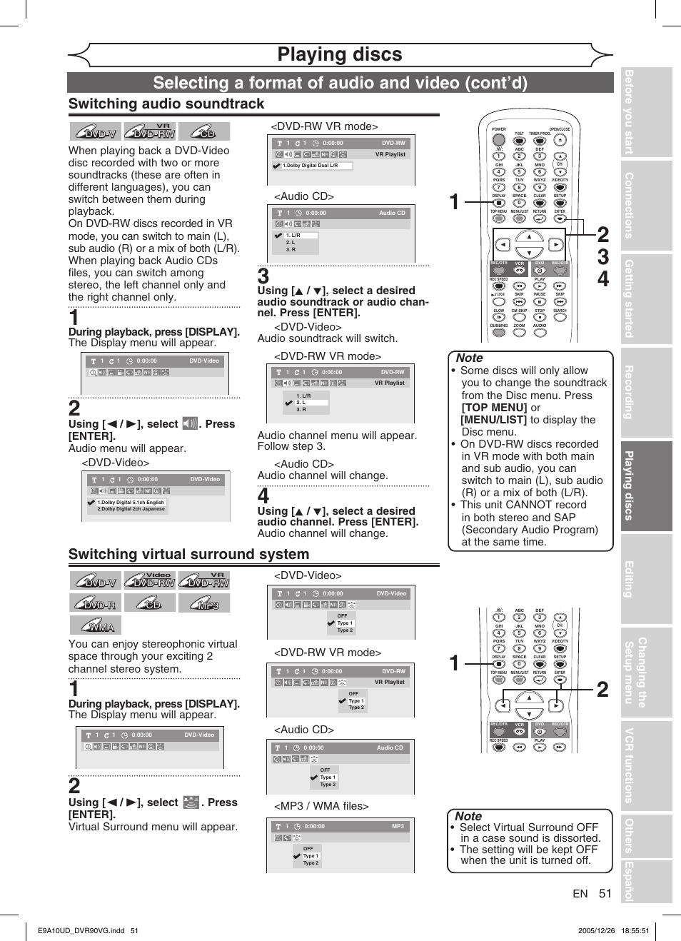 Playing discs, Selecting a format of audio and video (cont’d) | FUNAI DVR90VG User Manual | Page 53 / 90