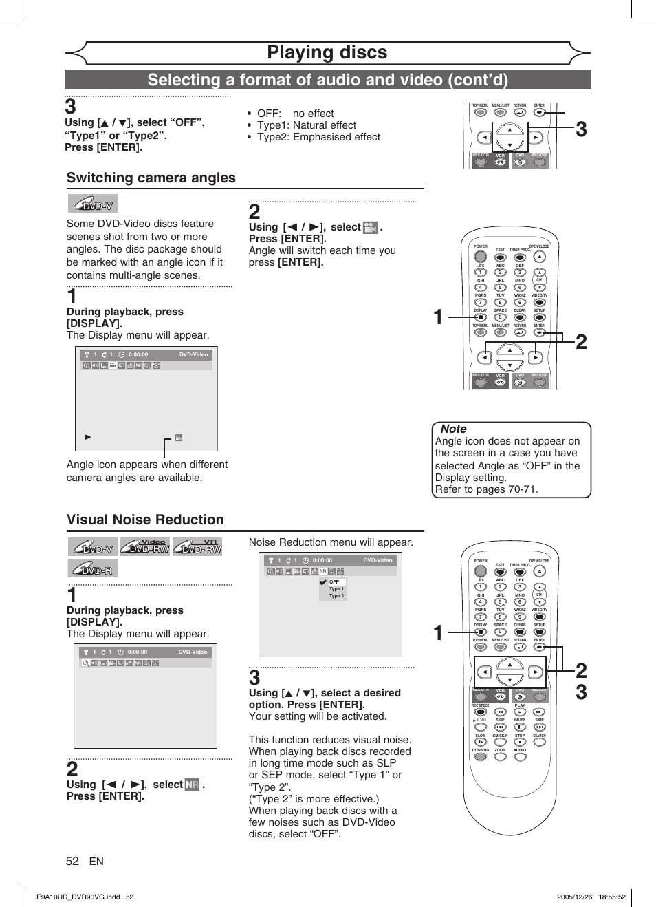 Playing discs, Selecting a format of audio and video (cont’d), Switching camera angles visual noise reduction | Dvd-v, Dvd-v dvd-rw dvd-rw, Dvd-rw, Dvd-r | FUNAI DVR90VG User Manual | Page 54 / 90