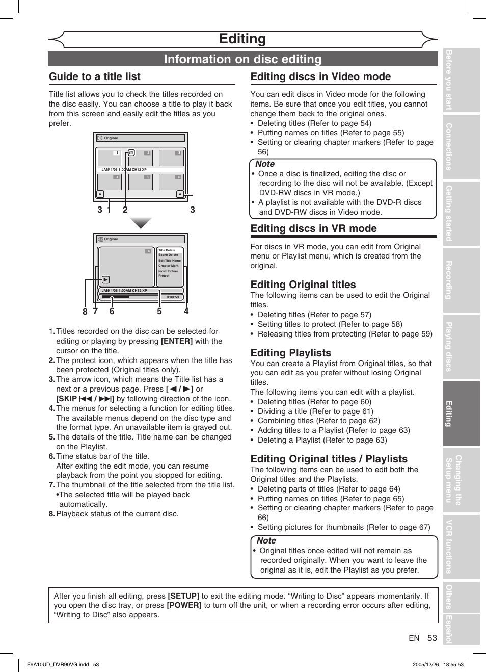 Editing, Information on disc editing, Guide to a title list | Editing discs in video mode, Editing discs in vr mode, Editing original titles, Editing playlists, Editing original titles / playlists | FUNAI DVR90VG User Manual | Page 55 / 90