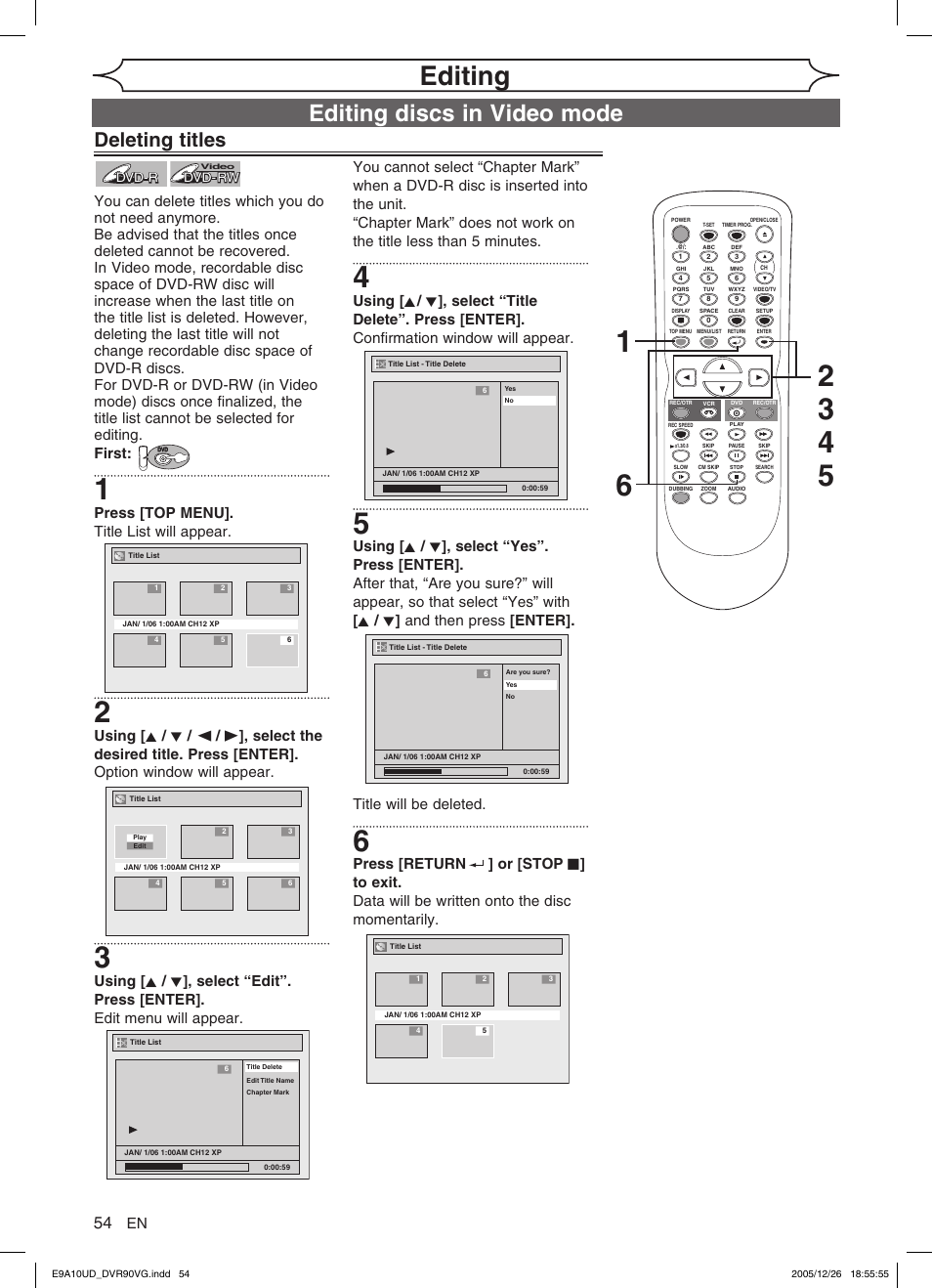 Editing, Editing discs in video mode, Deleting titles | Press [top menu]. title list will appear | FUNAI DVR90VG User Manual | Page 56 / 90