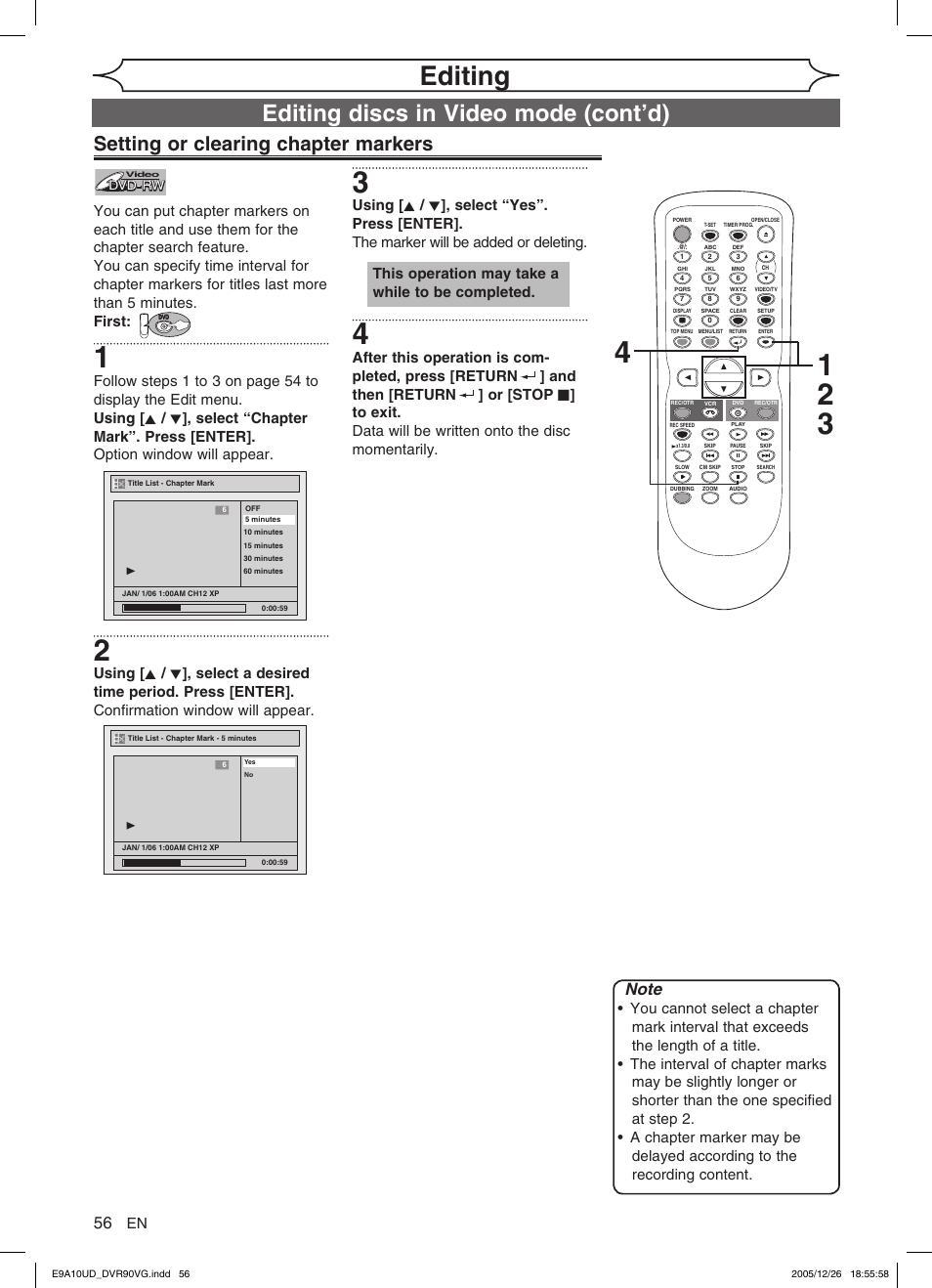 Editing, Editing discs in video mode (cont’d), Setting or clearing chapter markers | This operation may take a while to be completed | FUNAI DVR90VG User Manual | Page 58 / 90