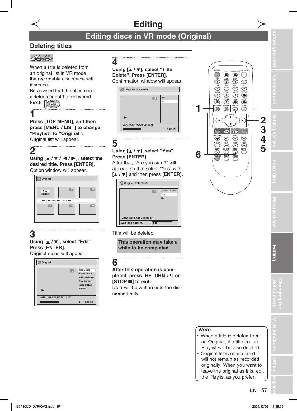 Editing, Editing discs in vr mode (original), Deleting titles | This operation may take a while to be completed | FUNAI DVR90VG User Manual | Page 59 / 90