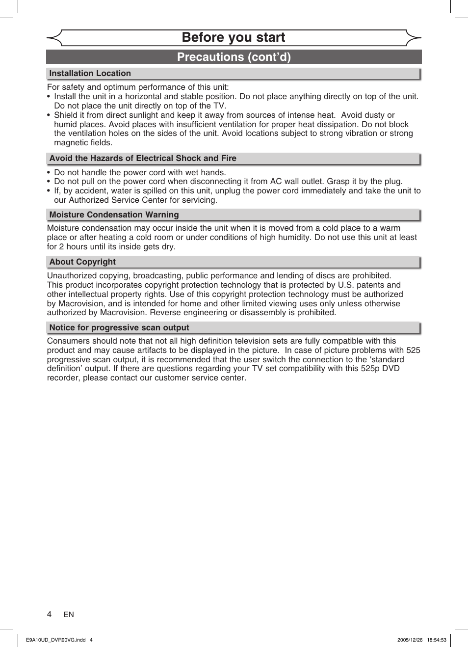 Before you start, Precautions (cont’d) | FUNAI DVR90VG User Manual | Page 6 / 90