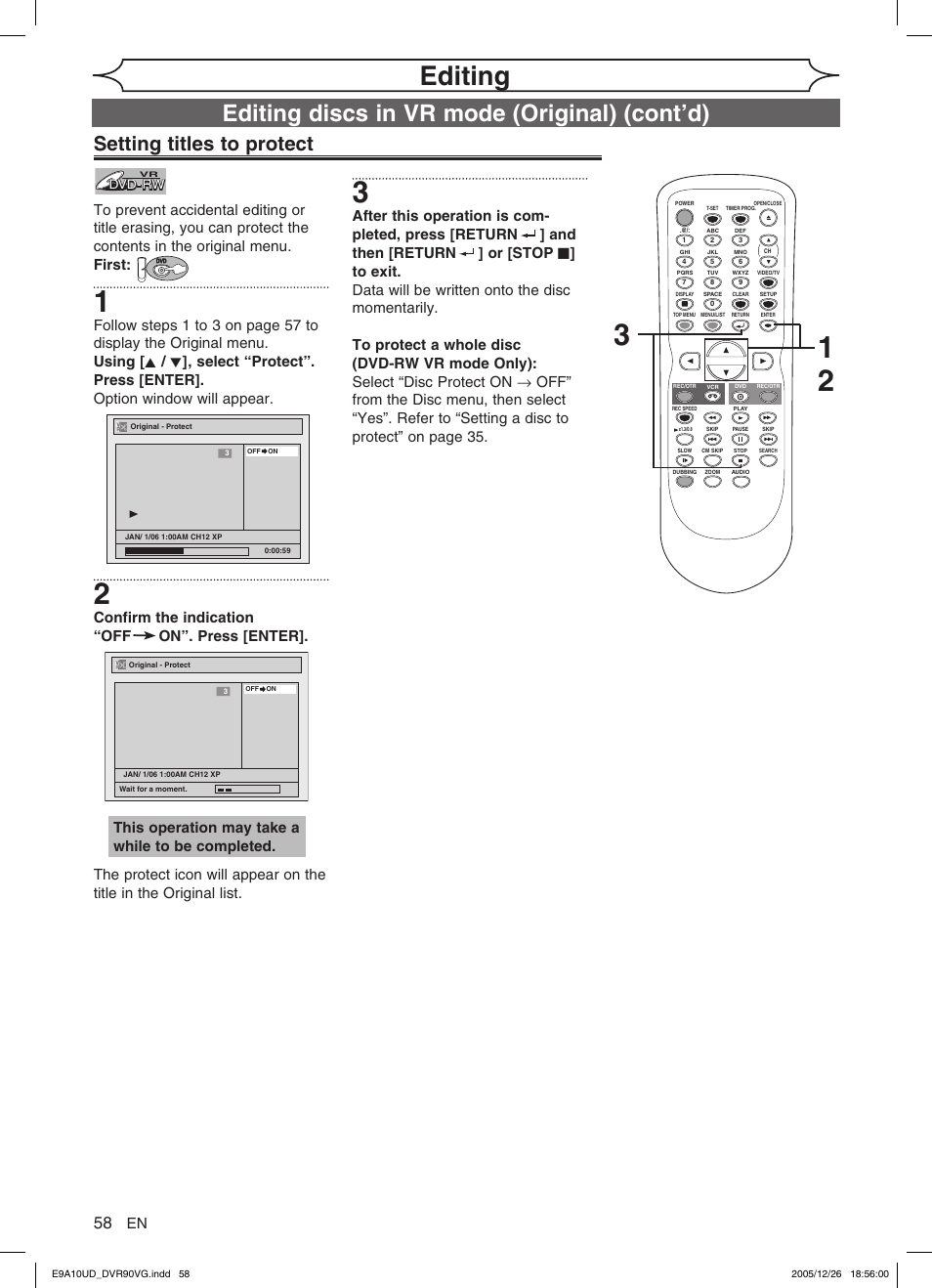 Editing, Editing discs in vr mode (original) (cont’d), Setting titles to protect | This operation may take a while to be completed | FUNAI DVR90VG User Manual | Page 60 / 90
