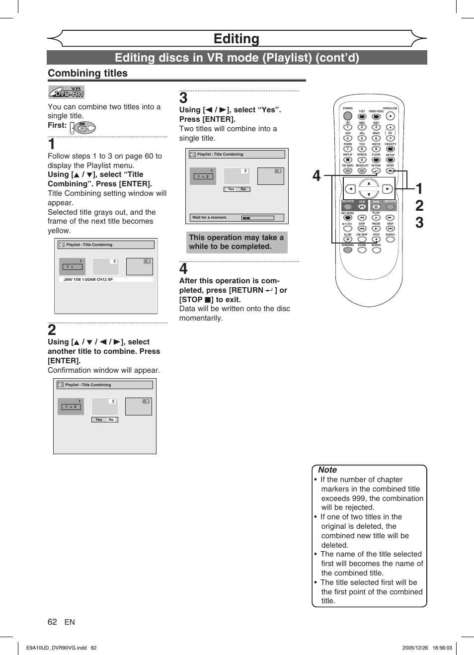 Editing, Editing discs in vr mode (playlist) (cont’d), Combining titles | This operation may take a while to be completed | FUNAI DVR90VG User Manual | Page 64 / 90