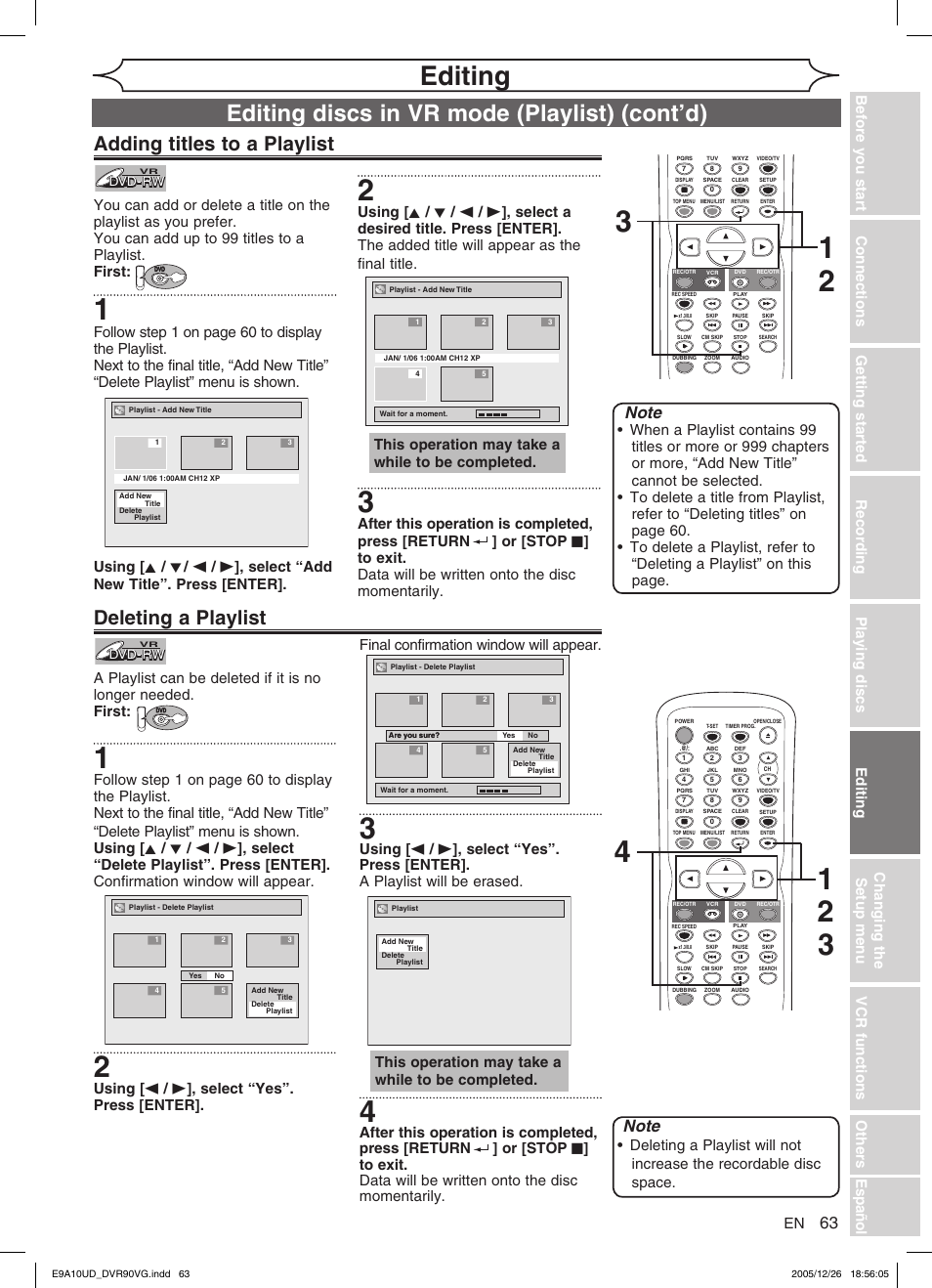 Editing, Adding titles to a playlist, Deleting a playlist | This operation may take a while to be completed | FUNAI DVR90VG User Manual | Page 65 / 90