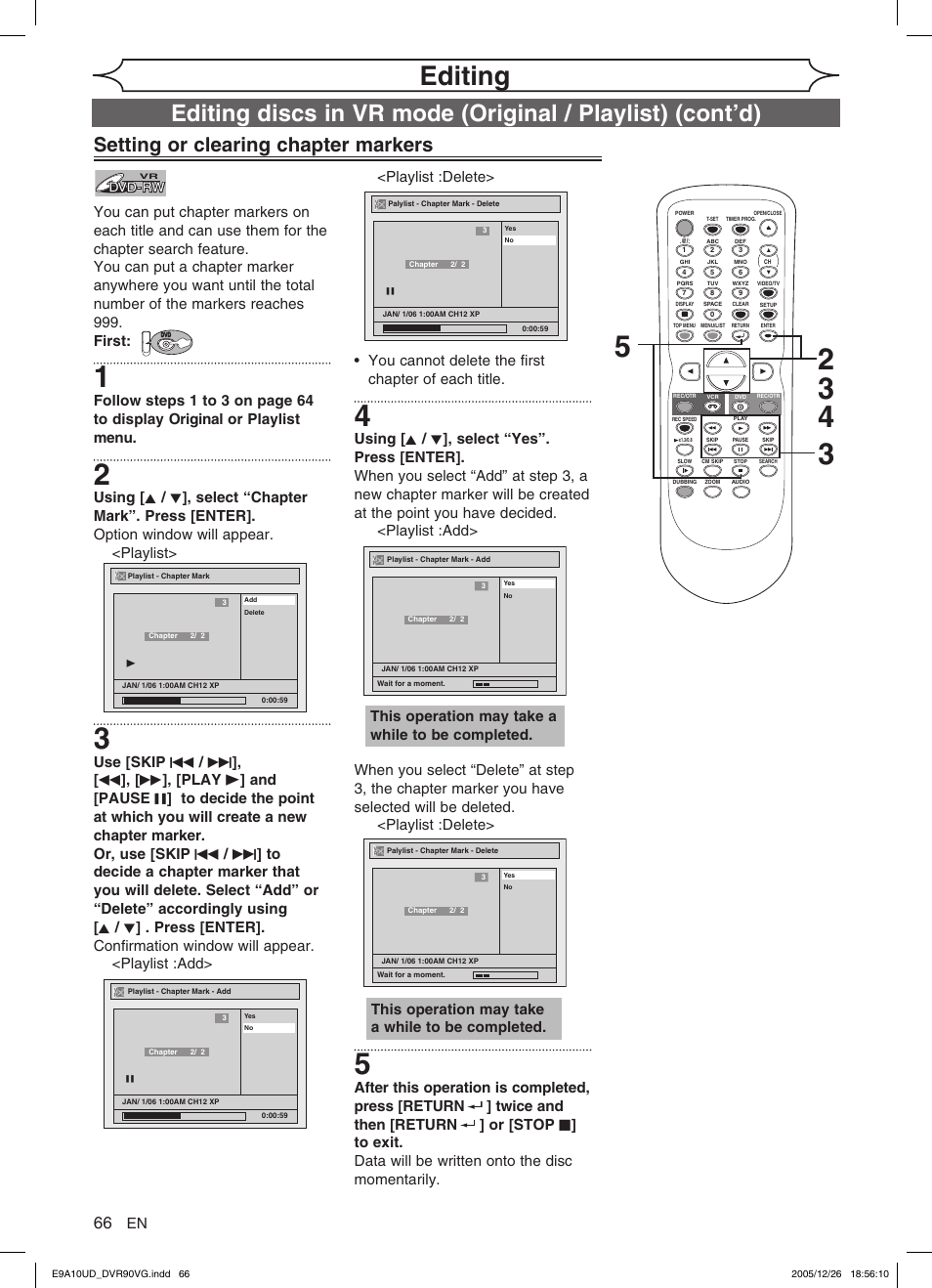 Editing, Setting or clearing chapter markers, This operation may take a while to be completed | FUNAI DVR90VG User Manual | Page 68 / 90