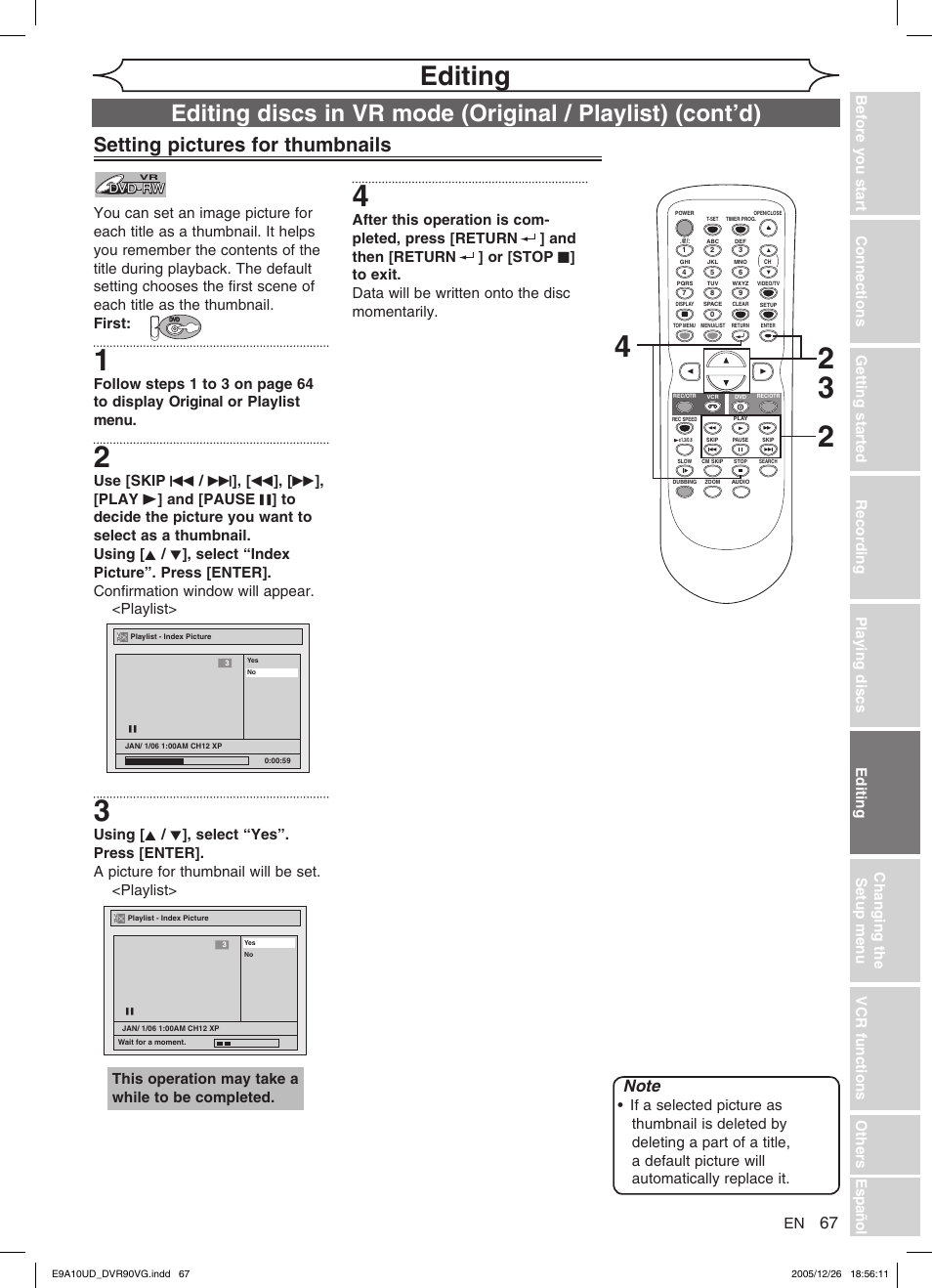 Editing, Setting pictures for thumbnails | FUNAI DVR90VG User Manual | Page 69 / 90