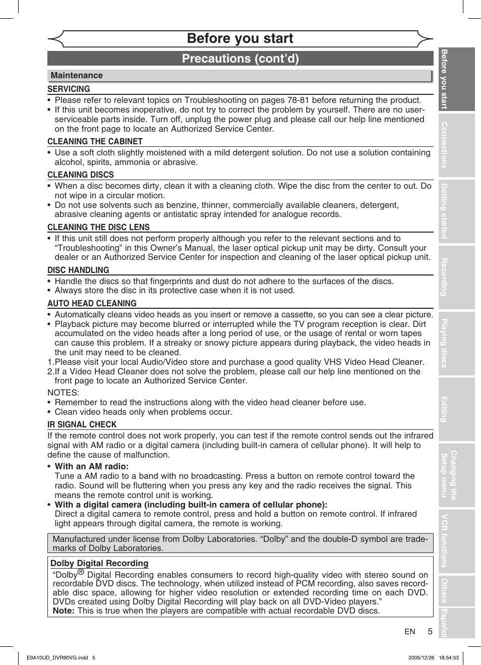 Before you start, Precautions (cont’d) | FUNAI DVR90VG User Manual | Page 7 / 90