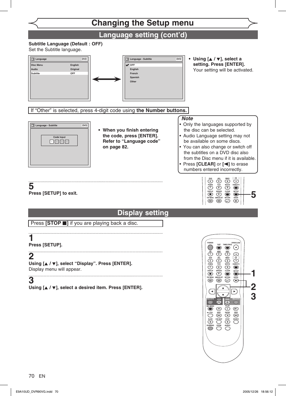 Changing the setup menu, Language setting (cont’d), Display setting | Press [stop c ] if you are playing back a disc, Press [setup] to exit, Press [setup | FUNAI DVR90VG User Manual | Page 72 / 90