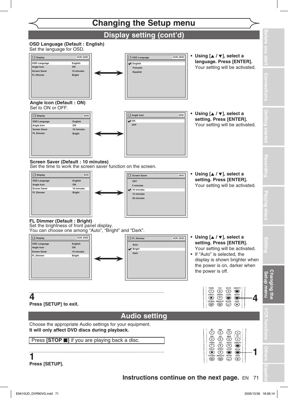 Changing the setup menu, Display setting (cont’d), Audio setting | Instructions continue on the next page, Press [stop c ] if you are playing back a disc, Press [setup] to exit, Press [setup | FUNAI DVR90VG User Manual | Page 73 / 90