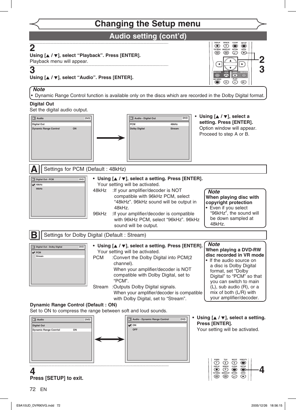 Changing the setup menu, Audio setting (cont’d), Press [setup] to exit | Settings for dolby digital (default : stream), Settings for pcm (default : 48khz) | FUNAI DVR90VG User Manual | Page 74 / 90