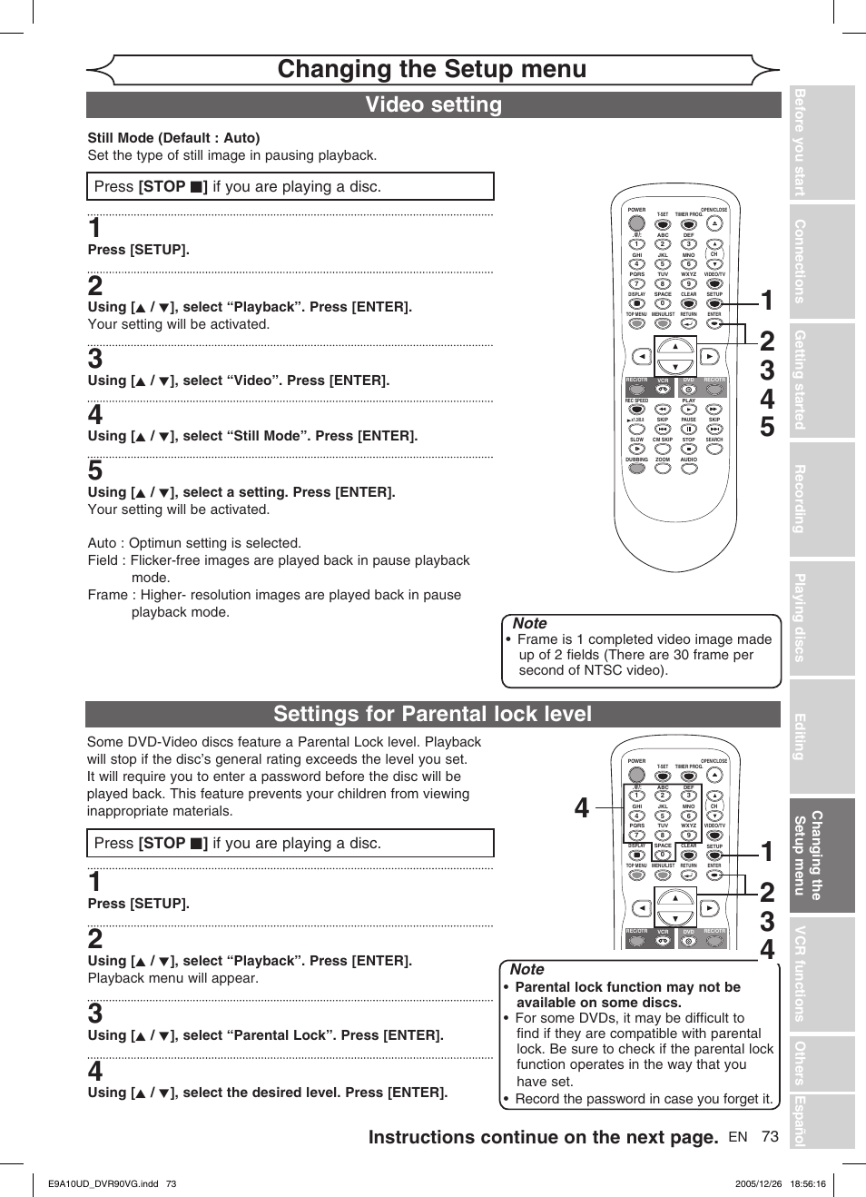 Changing the setup menu, Settings for parental lock level, Video setting | Instructions continue on the next page, Press [stop c ] if you are playing a disc, Press [setup, Using [ k / l ], select “video”. press [enter, Using [ k / l ], select “still mode”. press [enter | FUNAI DVR90VG User Manual | Page 75 / 90