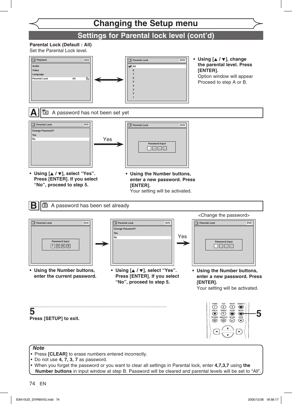 Changing the setup menu, Settings for parental lock level (cont’d), A password has been set already | A password has not been set yet | FUNAI DVR90VG User Manual | Page 76 / 90