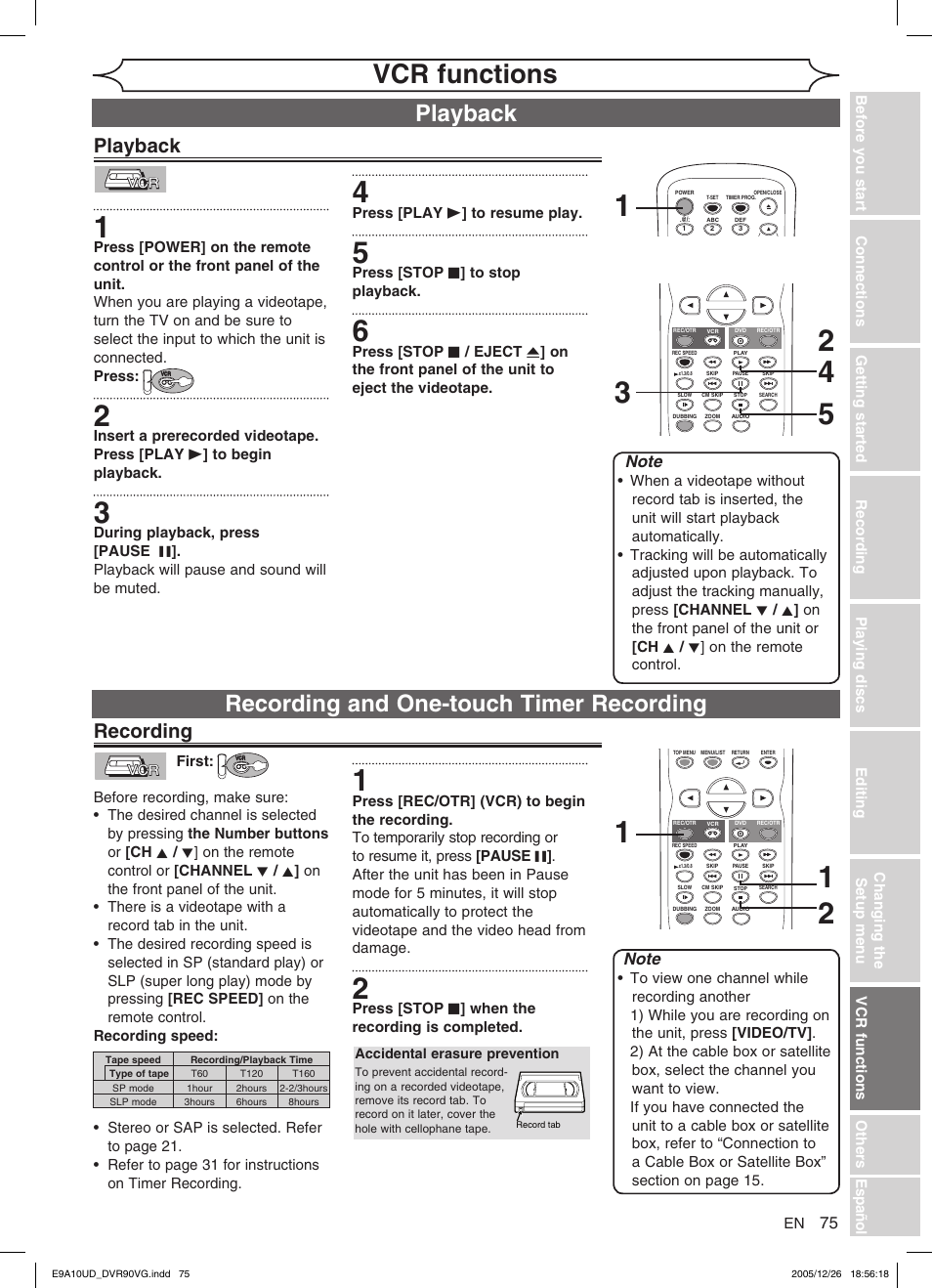 Vcr functions, Playback, Recording and one-touch timer recording | Recording, Press [play b ] to resume play, Press [stop c ] to stop playback, Press [stop c ] when the recording is completed, First, Accidental erasure prevention | FUNAI DVR90VG User Manual | Page 77 / 90