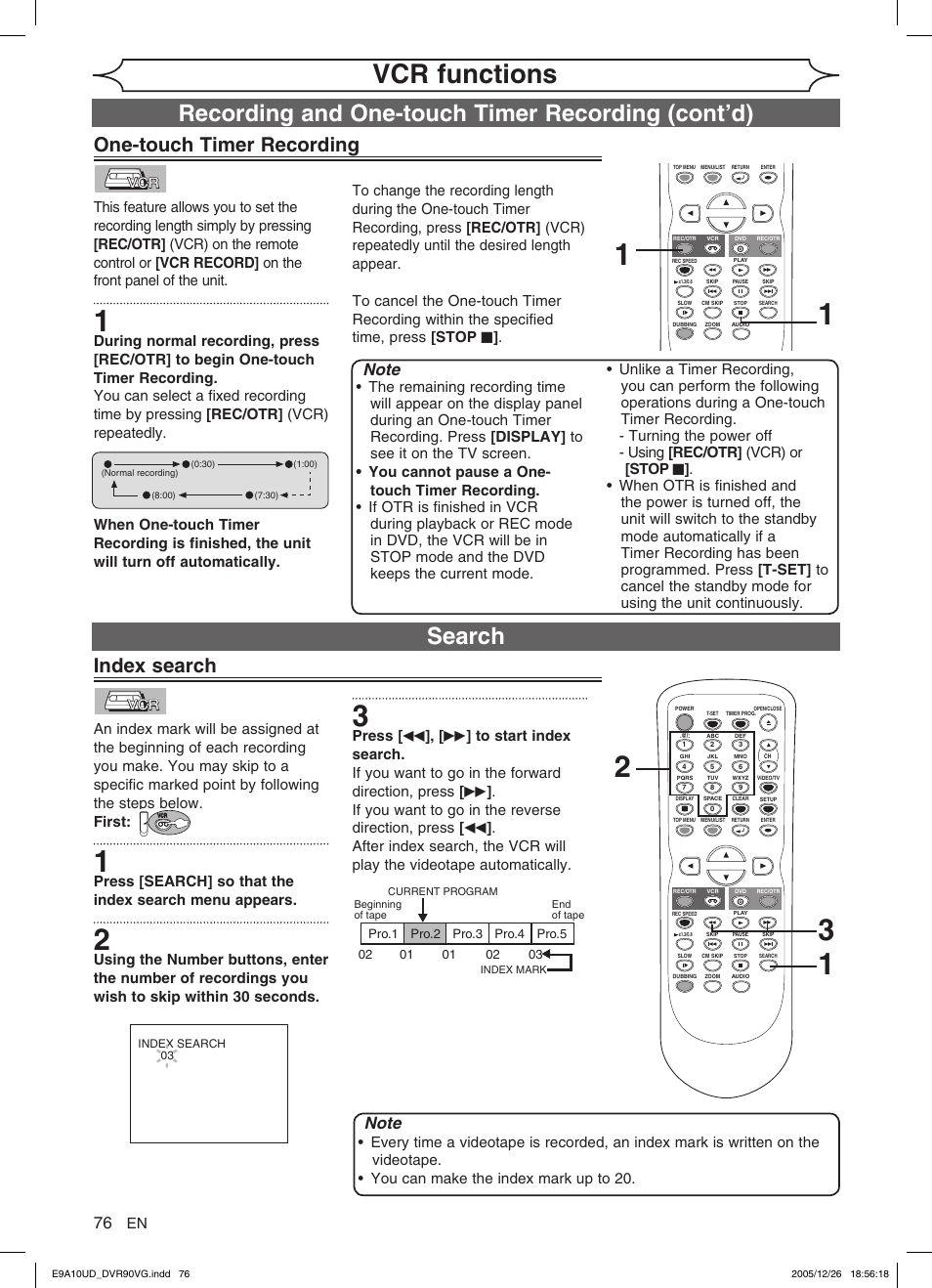 Vcr functions, Recording and one-touch timer recording (cont’d), Search | One-touch timer recording, Index search | FUNAI DVR90VG User Manual | Page 78 / 90