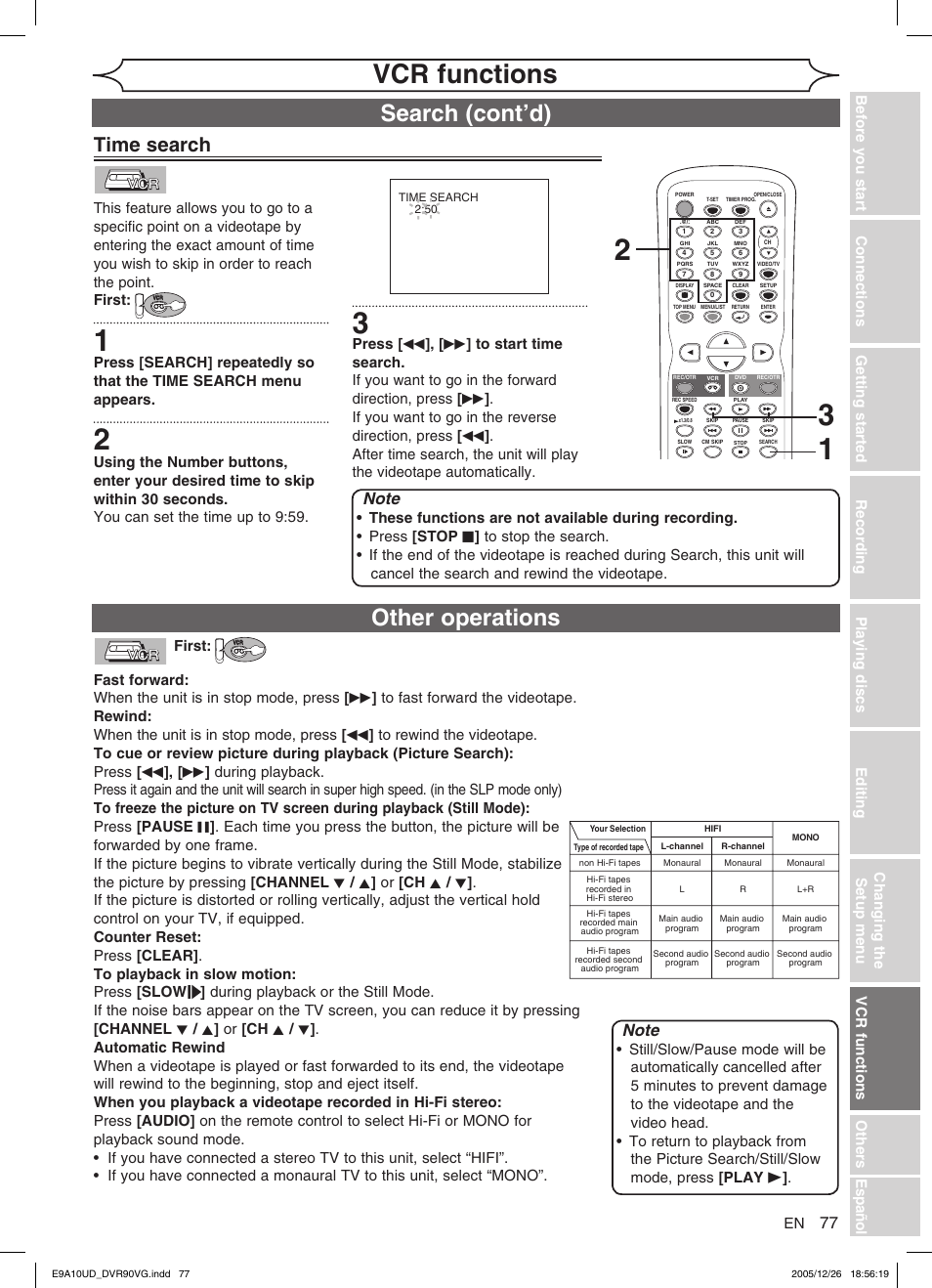 Vcr functions, Other operations, Search (cont’d) | Time search, First | FUNAI DVR90VG User Manual | Page 79 / 90
