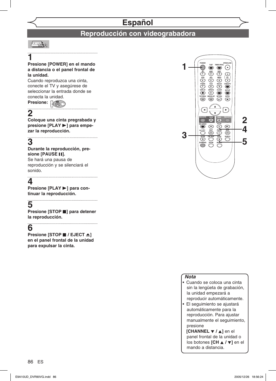 Español, Reproducción con videograbadora, Nota | Presione [stop c ] para detener la reproducción | FUNAI DVR90VG User Manual | Page 88 / 90