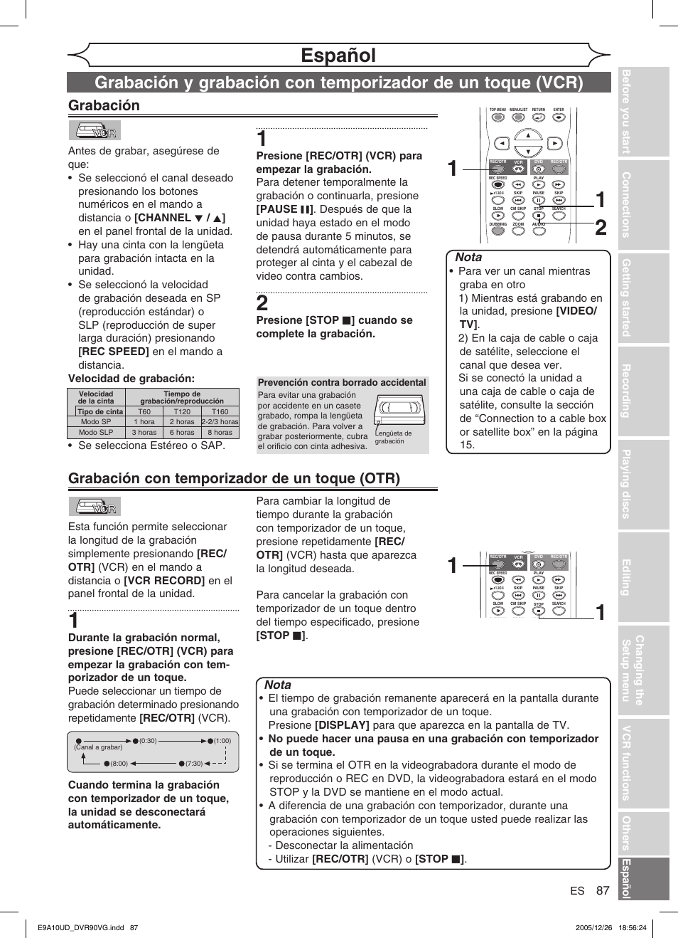 Español, Grabación con temporizador de un toque (otr), Grabación | Nota, Presione [stop c ] cuando se complete la grabación | FUNAI DVR90VG User Manual | Page 89 / 90