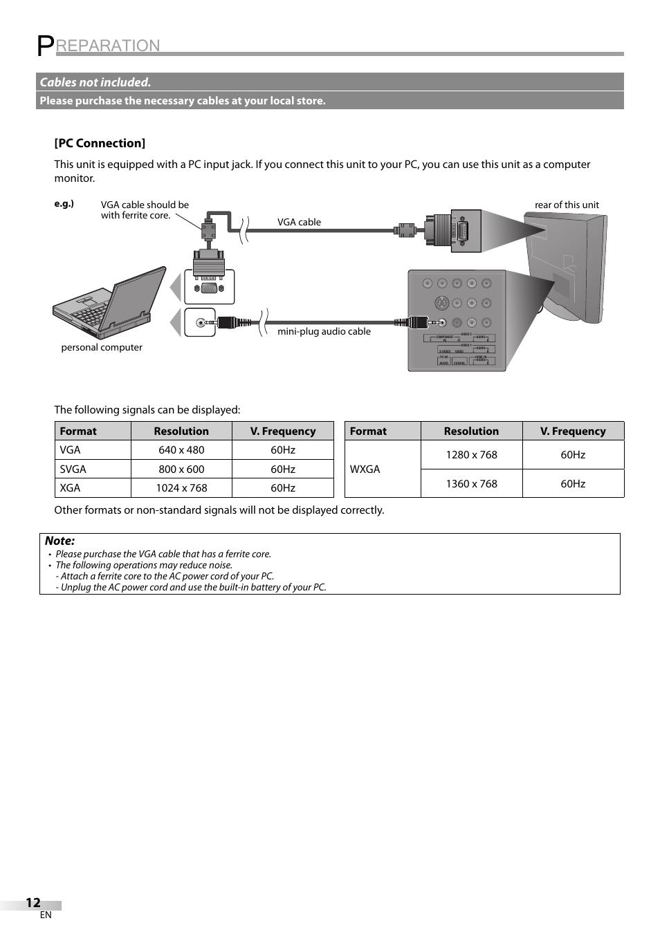 Reparation, Pc connection, Cables not included | FUNAI LC225SL9 User Manual | Page 12 / 76