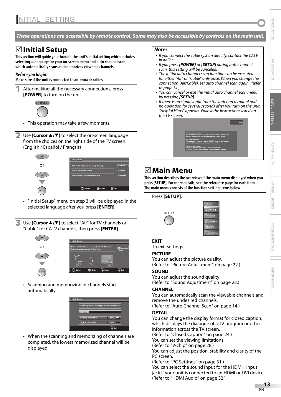 Nitial setting, Initial setup, Main menu | Before you begin | FUNAI LC225SL9 User Manual | Page 13 / 76