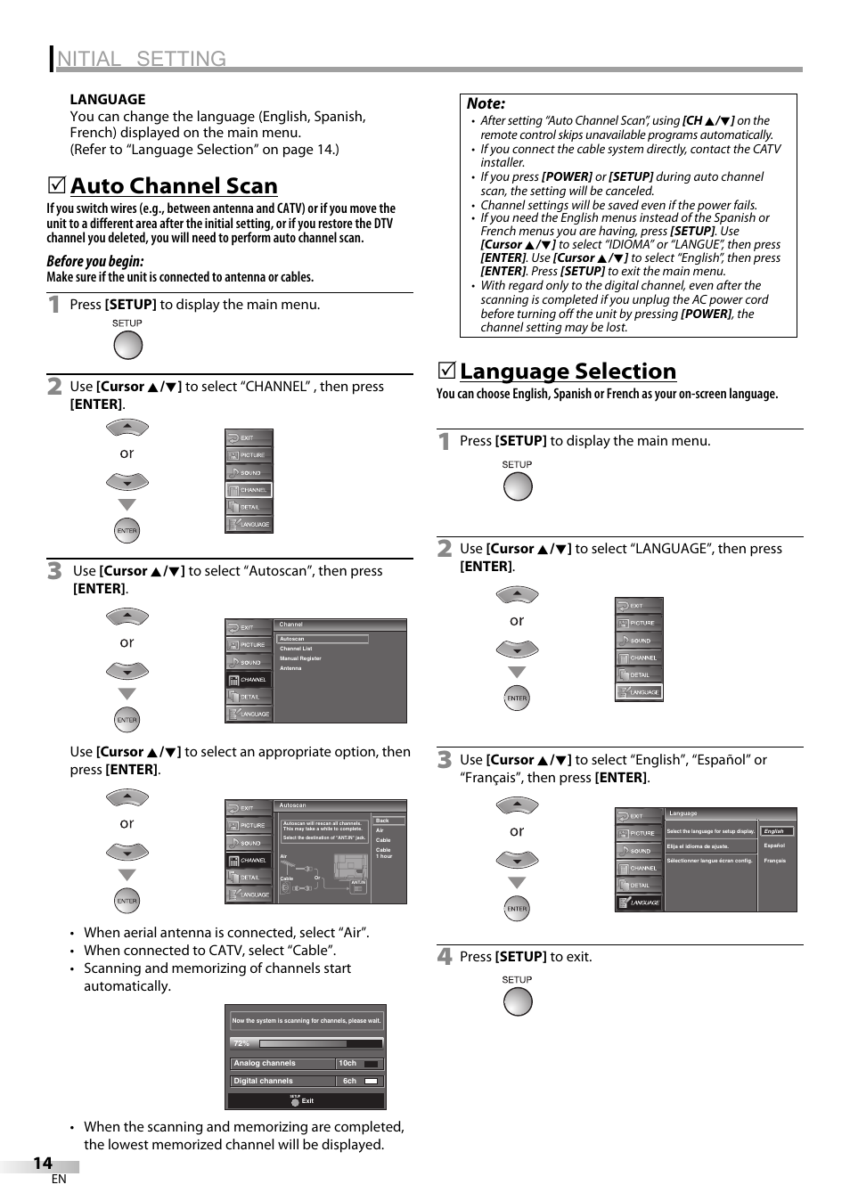 Nitial setting, Auto channel scan, Language selection | Before you begin | FUNAI LC225SL9 User Manual | Page 14 / 76