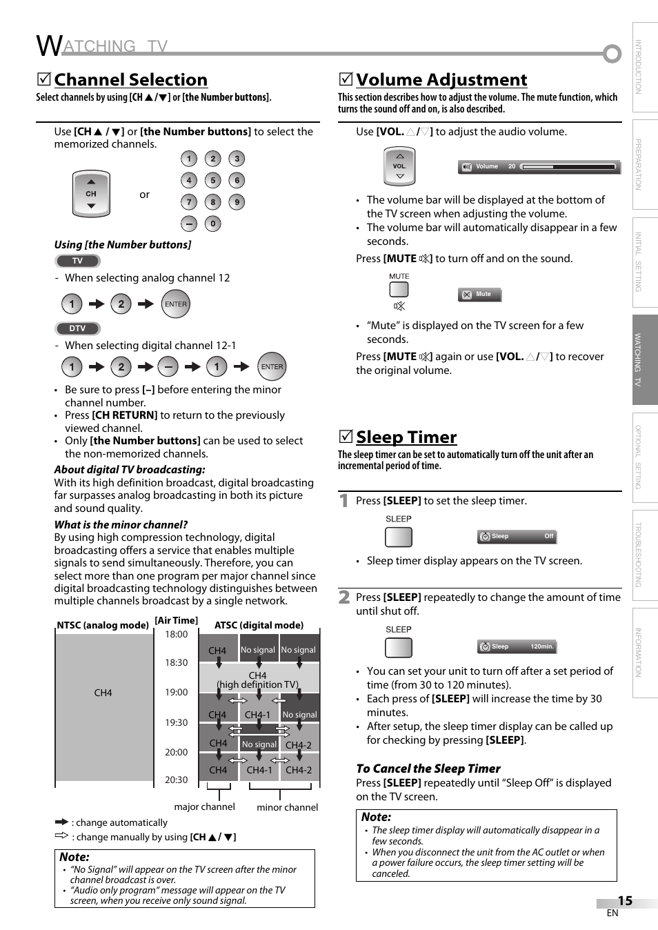 Atching tv, Channel selection, Volume adjustment | Sleep timer | FUNAI LC225SL9 User Manual | Page 15 / 76