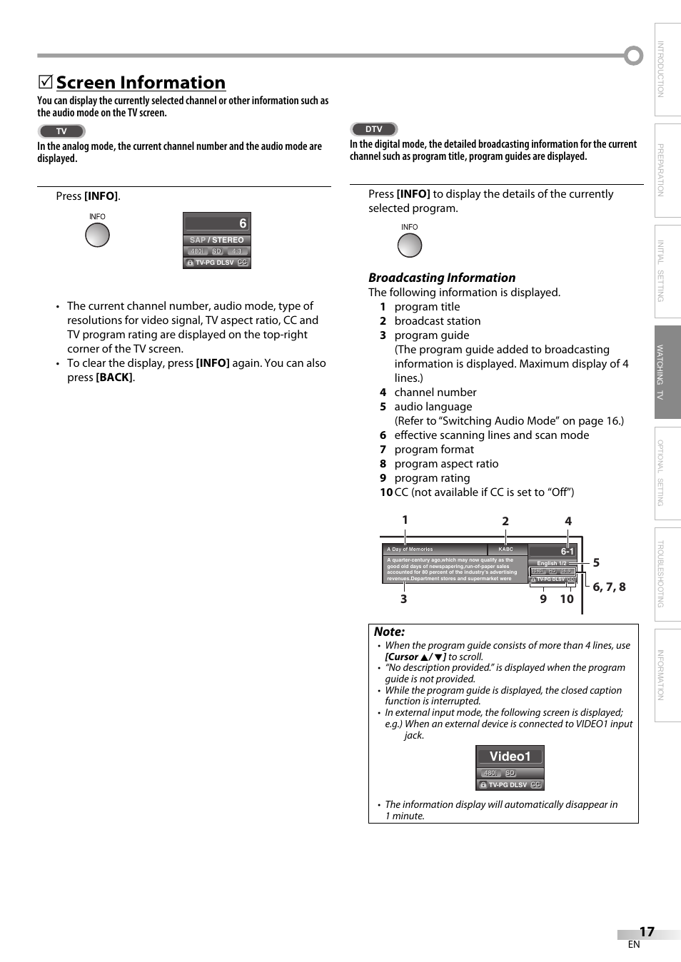Screen information, Broadcasting information, Video1 | FUNAI LC225SL9 User Manual | Page 17 / 76