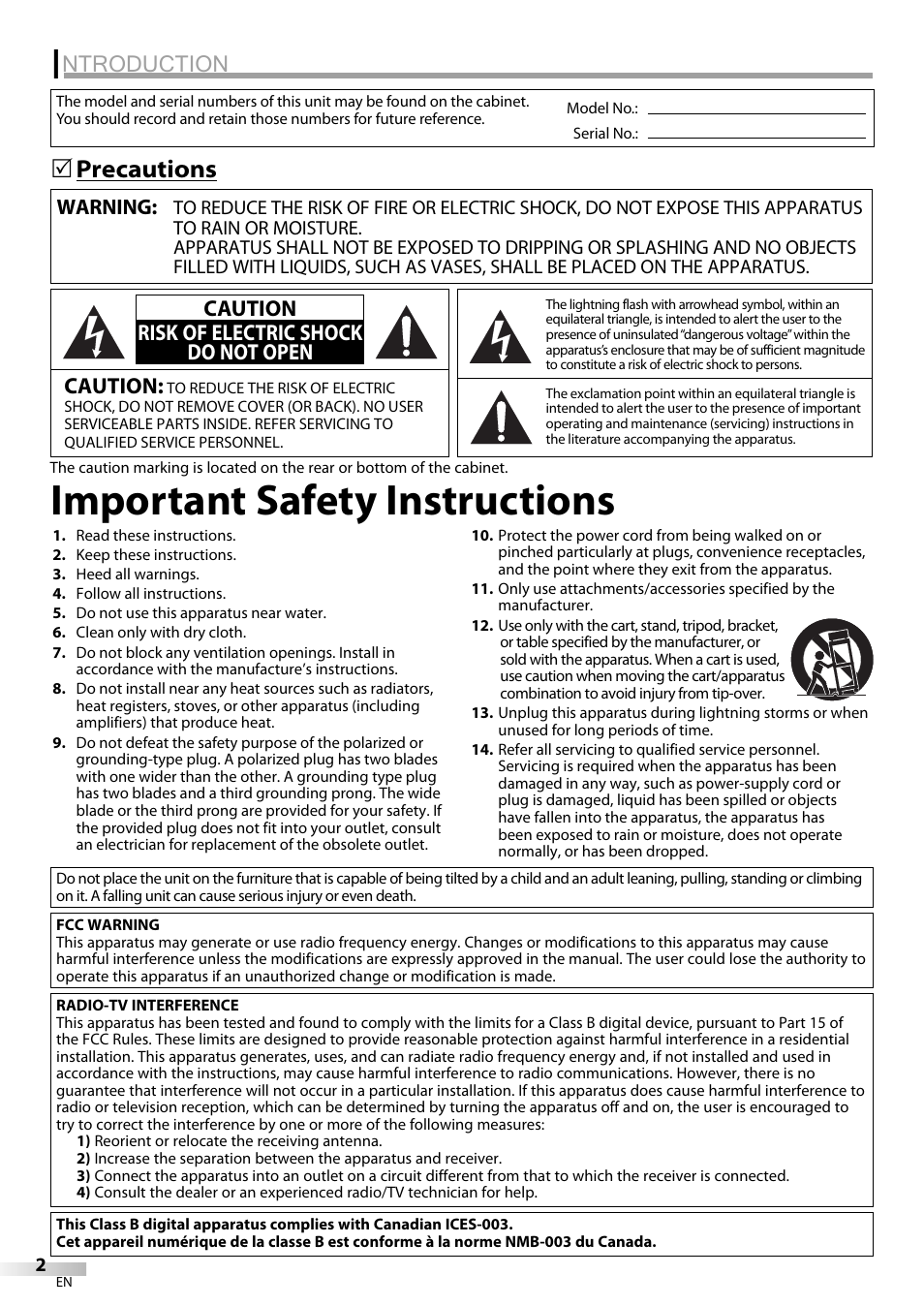 Important safety instructions, Ntroduction, Precautions 5 | FUNAI LC225SL9 User Manual | Page 2 / 76