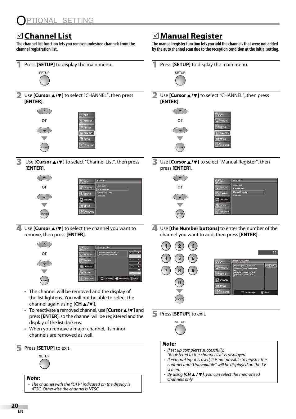 Ptional setting, Channel list, Manual register | FUNAI LC225SL9 User Manual | Page 20 / 76