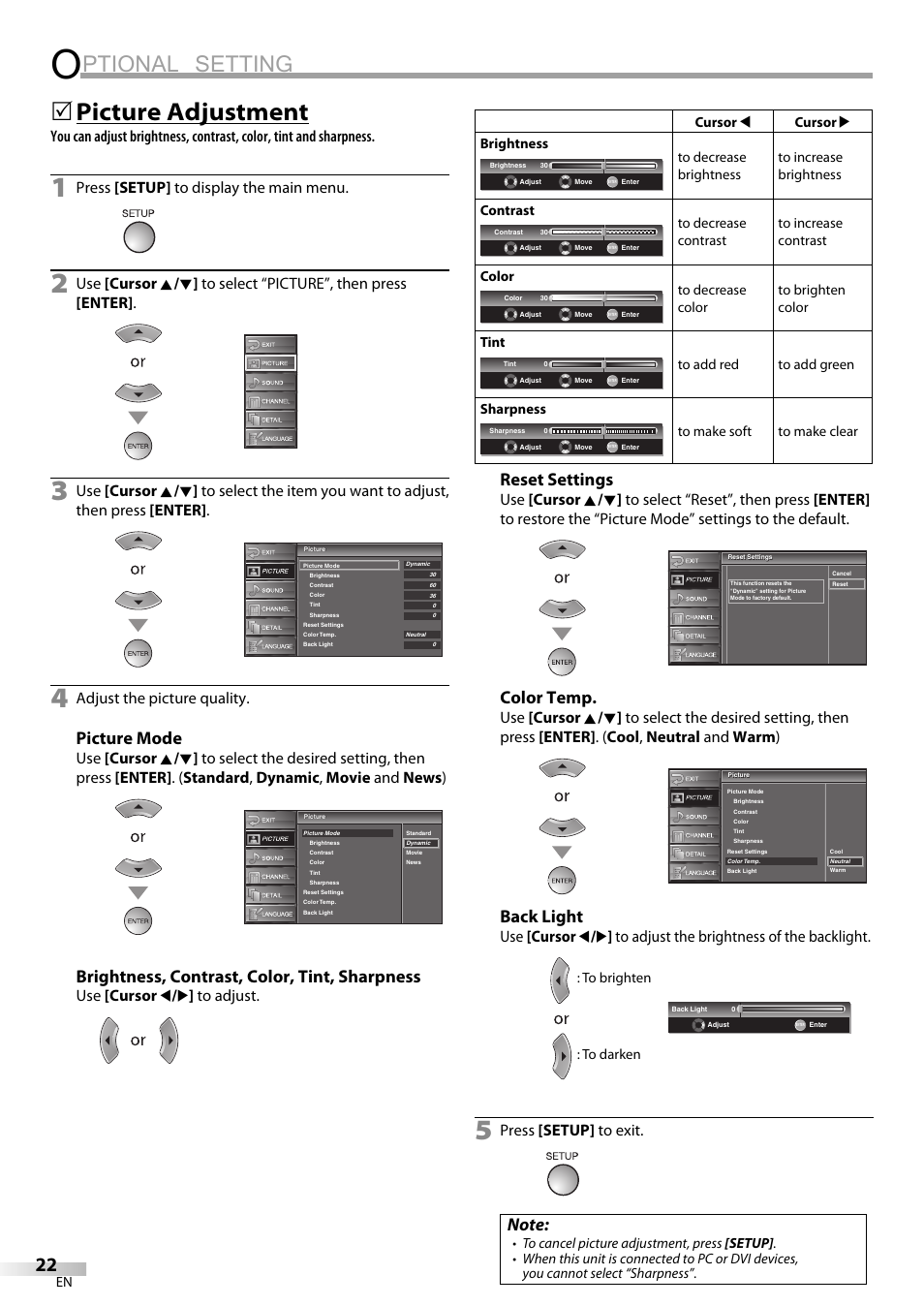 Ptional setting, Picture adjustment, Picture mode | Brightness, contrast, color, tint, sharpness, Reset settings, Color temp, Back light, Press [setup] to display the main menu, Adjust the picture quality, Use [cursor s / b ] to adjust | FUNAI LC225SL9 User Manual | Page 22 / 76