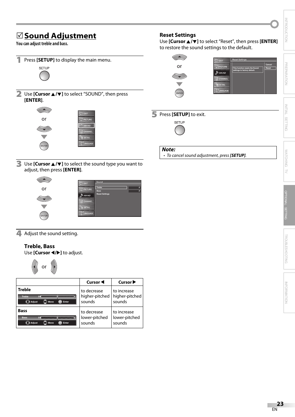 Sound adjustment, Treble, bass, Reset settings | FUNAI LC225SL9 User Manual | Page 23 / 76