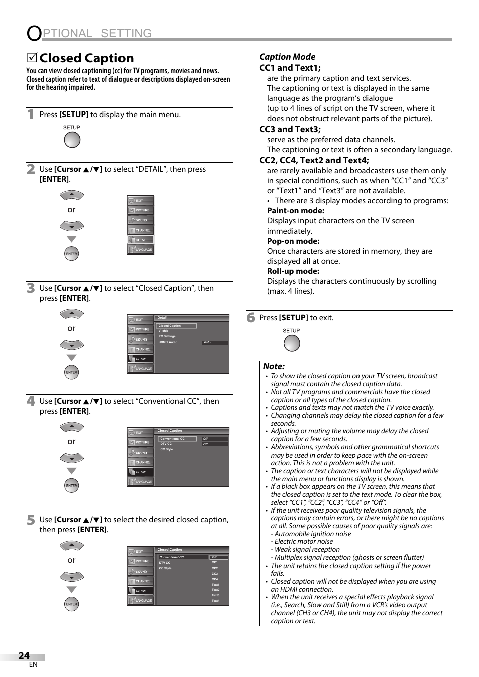 Ptional setting, Closed caption, Caption mode cc1 and text1 | Cc3 and text3, Cc2, cc4, text2 and text4 | FUNAI LC225SL9 User Manual | Page 24 / 76