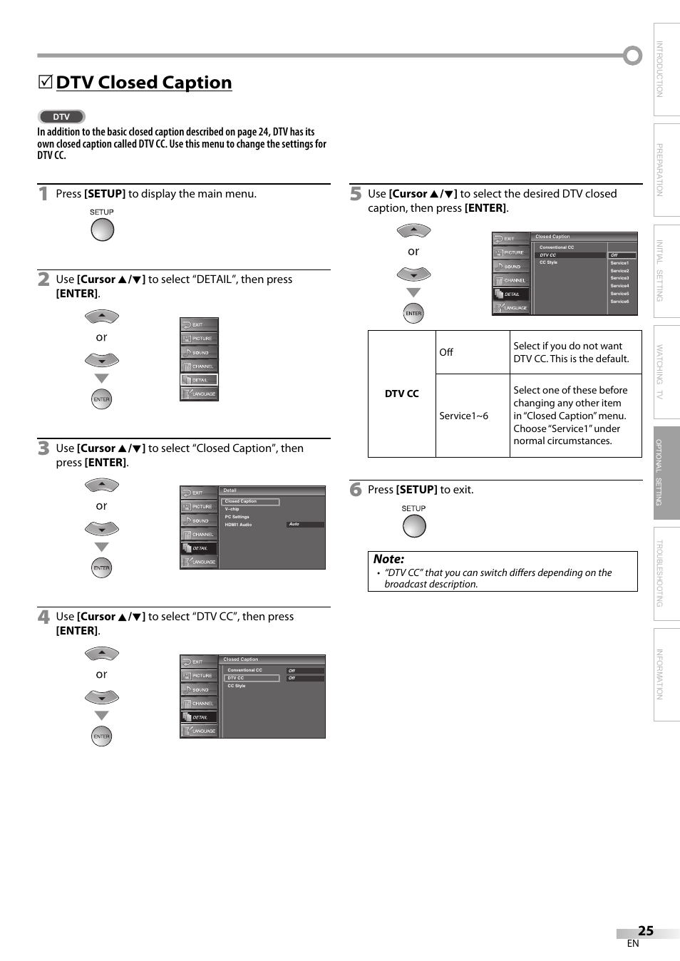 Dtv closed caption, Troubleshooting information | FUNAI LC225SL9 User Manual | Page 25 / 76