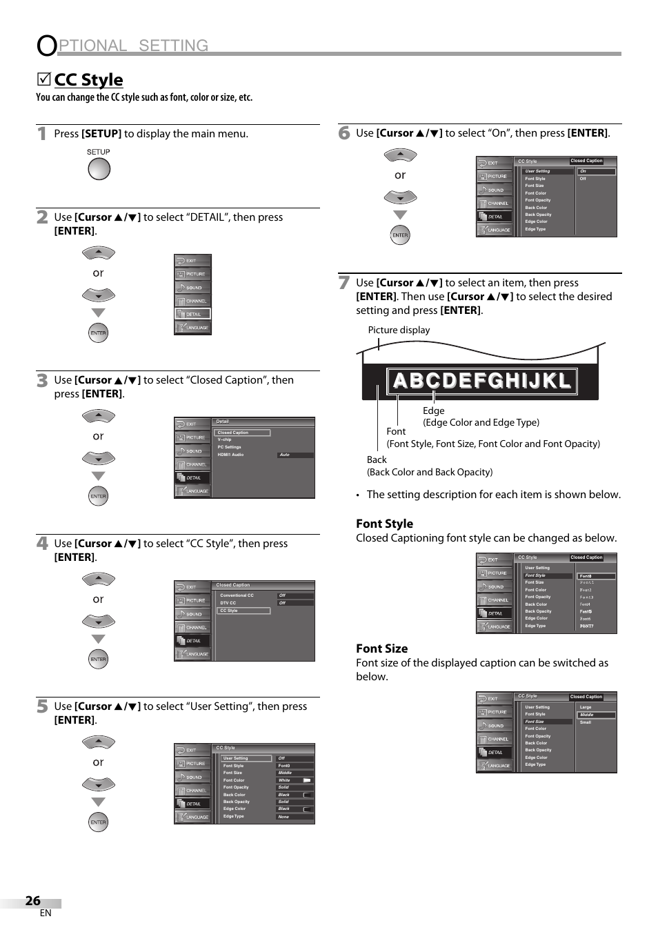 Ptional setting, Cc style, Font style | Font size, Press [setup] to display the main menu | FUNAI LC225SL9 User Manual | Page 26 / 76